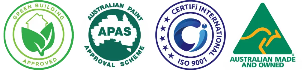 Badges for Green Building Approved, APAS certified, ISO9001, Australian Made and Owned