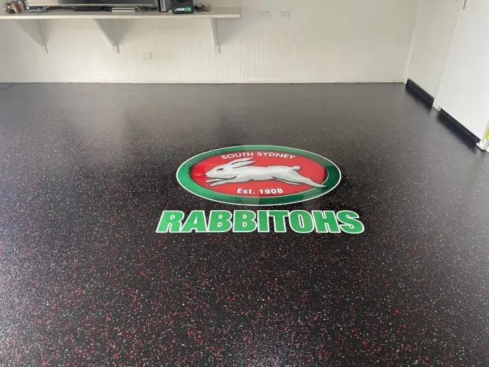 Epoxy flooring with NRL sports branding
