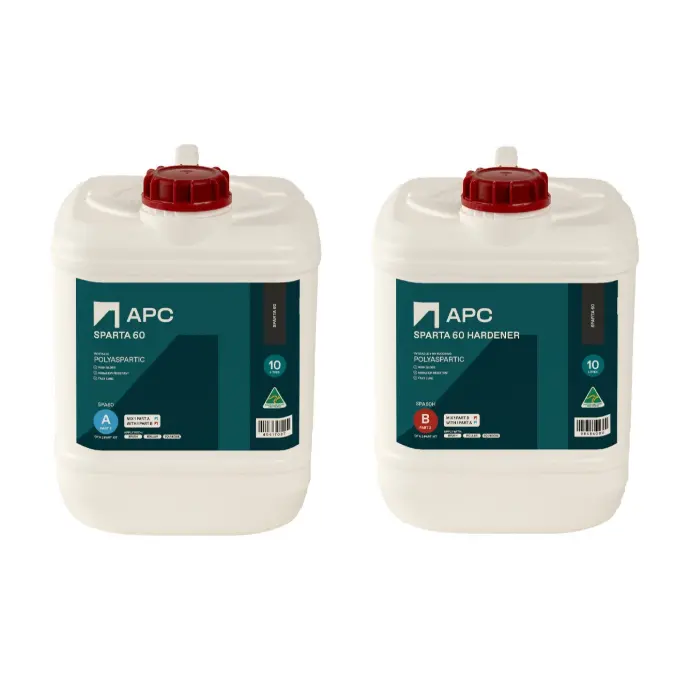 Two plastic white pour bottles of Sparta 60 with red lids
